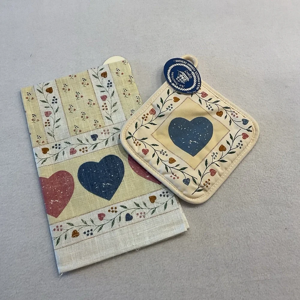 Yale & Frances Forman Designs Linen Kitchen Towel Potholder Blue Pink Hearts VTG